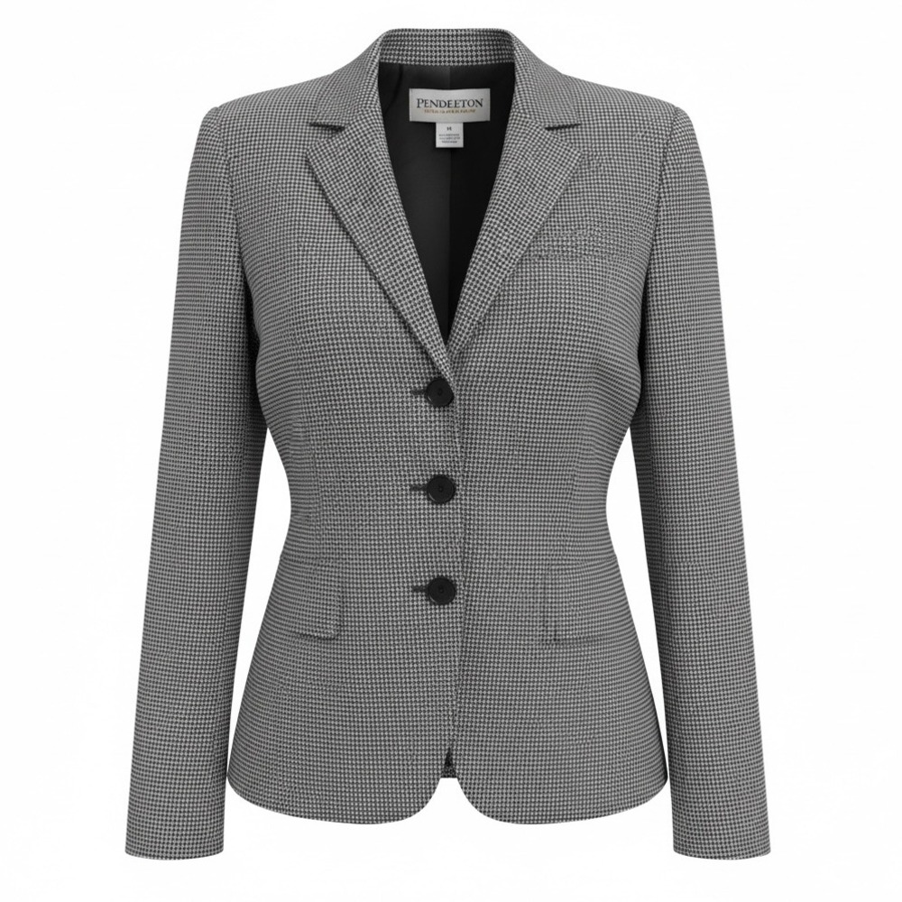 Pendleton Petite Houndstooth Wool Blazer Jacket Black White Size 12 Vintage